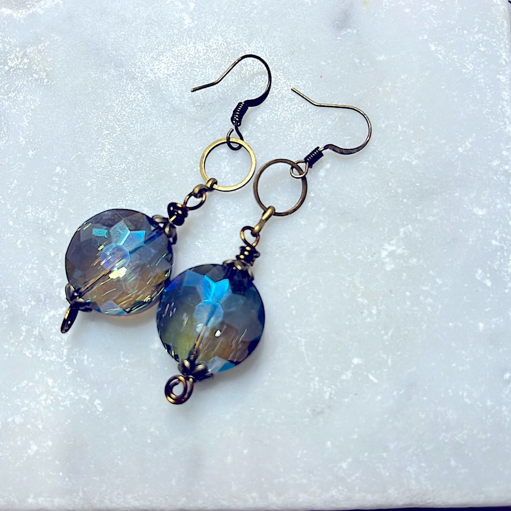 Green/Blue Crystal Faceted Drop Earrings